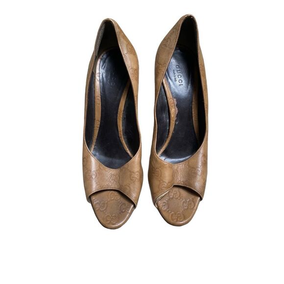Gucci Women's Brown Leather Logo Slip-On Peep Toe Stiletto Pump Heels Size 39 - Picture 1 of 9